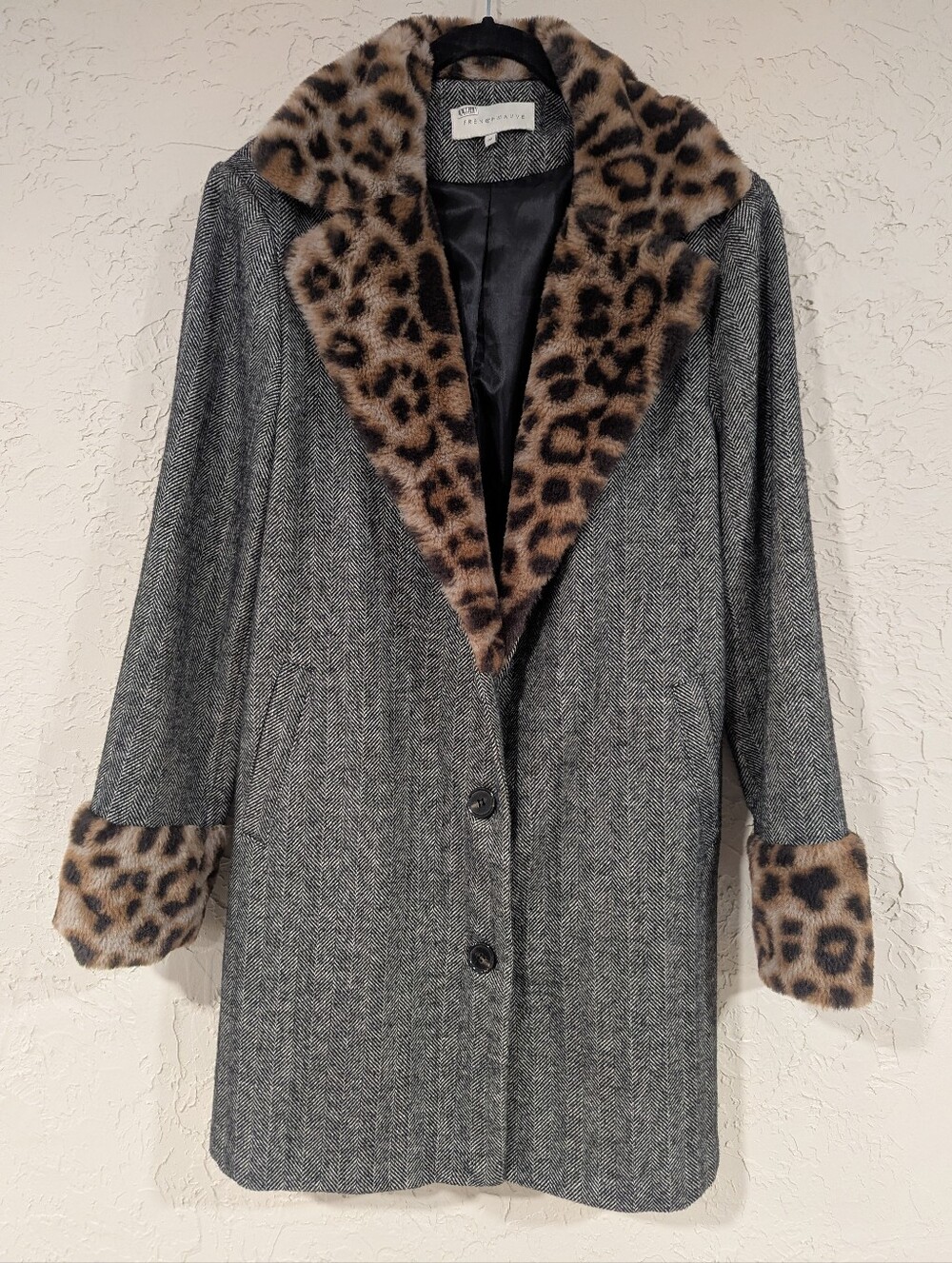 French Mauve Grey Wool Blend Coat Leopard Fur Trim Women's Medium Heavy Warm